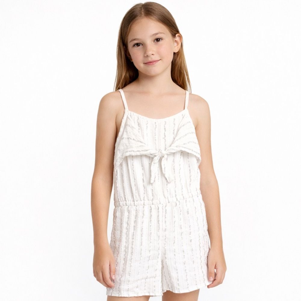 Justice Girl’s Bow Front Silver Sripe Spaghetti Strap Romper Medium White 10